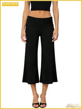 Fold Over Flare Capri Yoga Pants Low Rise Wide Leg Gaucho Lounge Pants